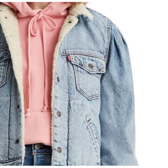 Levi’s Puff Sleeve Sherpa Jean Denim Puff-Sleeve Trucker Jacket - Picture 9 of 10